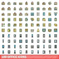 100 office icons set, color line style vector