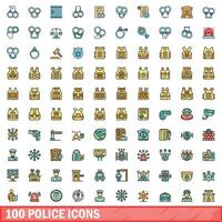 100 police icons set, color line style vector