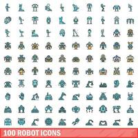 100 robot icons set, color line style vector