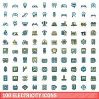 100 electricity icons set, color line style vector