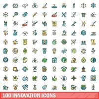 100 innovation icons set, color line style vector