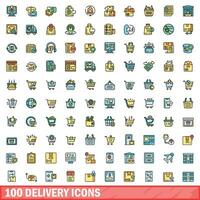 100 delivery icons set, color line style vector