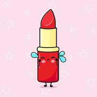 Cying Red lipstick character. Vector hand drawn cartoon kawaii character illustration icon. Isolated on pink background. Sad Red lipstick character concept