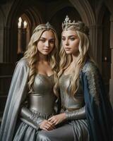 AI generated beautiful women in medieval dresses posing in front of a castle. ai generative photo