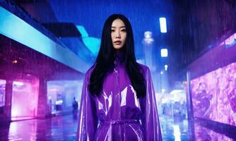 AI generated beautiful asian woman in purple raincoat walking in the city. ai generative photo