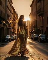 AI generated Beautiful young woman in a long yellow dress walking on the street at sunset. ai generative photo