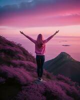 AI generated young woman hiker open arms on top of a mountain at sunrise. ai generative photo