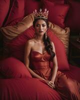 AI generated fashion interior photo of beautiful sensual woman with dark hair in luxurious dress and crown posing in bed. ai generative. ai generative