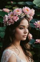 ai generado hermosa joven mujer con flores en pelo mirando a cámara aislado en gris. ai generativo foto