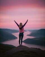 AI generated young woman hiker open arms on top of a mountain at sunrise. ai generative photo