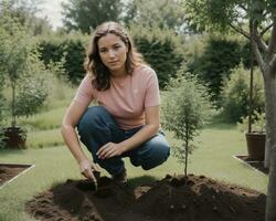 AI generated Beautiful woman planting a tree in the garden. Gardening concept. ai generative photo