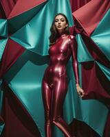 AI generated Beautiful young brunette woman in a blue latex suit posing in the studio. ai generative photo