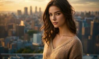 ai generado retrato de un hermosa joven mujer en el ciudad a puesta de sol. ai generativo foto