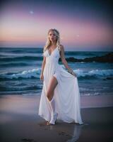 AI generated Beautiful blonde woman in white dress on the beach at night. ai generative photo