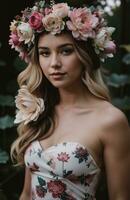 ai generado hermosa joven mujer con flores en pelo mirando a cámara aislado en gris. ai generativo foto