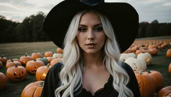 AI generated Beautiful young woman in black dress and hat on the background of Halloween pumpkins. ai generative photo