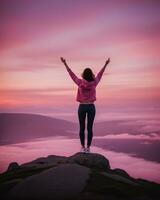 AI generated young woman hiker open arms on top of a mountain at sunrise. ai generative photo