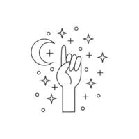 Hand. Magic hand gesture icon with stars and moon on white background. Magic vector