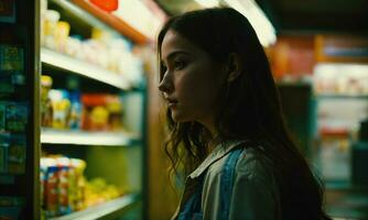 ai generado hermosa joven mujer compras en un tienda de comestibles almacenar, mirando para alimento. ai generativo foto