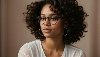 AI generated Portrait of a beautiful young african american woman in eyeglasses outdoors. ai generative photo