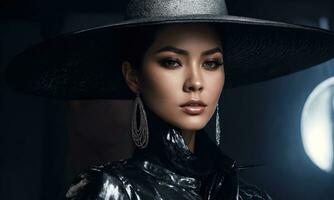 AI generated beautiful woman in hat and leather jacket looking at camera in city. ai generative photo