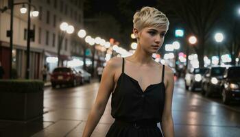 ai generado hermosa joven mujer en un hermosa vestir en el calle de el ciudad. ai generativo foto