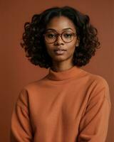 AI generated Beautiful african american woman with curly hairstyle and glasses. ai generative photo