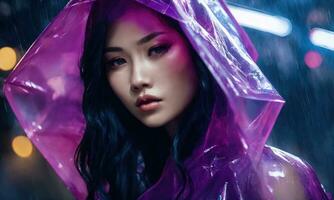 AI generated beautiful asian woman in purple raincoat walking in the city. ai generative photo