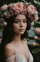 ai generado hermosa joven mujer con flores en pelo mirando a cámara aislado en gris. ai generativo foto