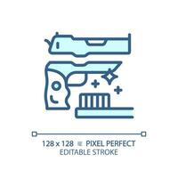 2D pixel perfect editable blue gun cleaning icon, isolated monochromatic vector, thin line illustration representing weapons. vector