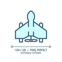 2D pixel perfect editable blue military drone icon, isolated monochromatic vector, thin line illustration representing weapons. vector