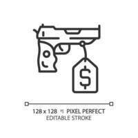 2d píxel Perfecto editable negro comprar pistola icono, aislado sencillo vector, Delgado línea ilustración representando armas vector