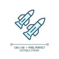 2D pixel perfect editable blue missile icon, isolated monochromatic vector, thin line illustration representing weapons. vector