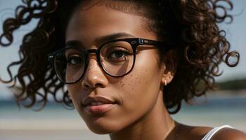 AI generated Portrait of a beautiful young african american woman in eyeglasses outdoors. ai generative photo