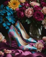 AI generated wedding shoes with high heels on a background of flowers. ai generative photo