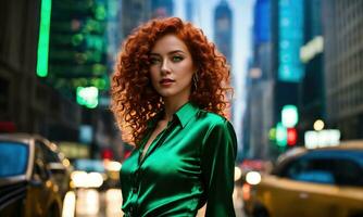 ai generado hermosa joven mujer con rojo Rizado pelo en un verde vestir en el ciudad a noche. ai generativo foto