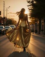 AI generated Beautiful young woman in a long yellow dress walking on the street at sunset. ai generative photo