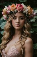 AI generated beautiful young woman with flowers in hair looking at camera isolated on grey. ai generative photo