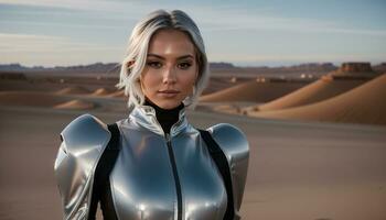 AI generated blonde woman in silver latex costume posing in the desert. ai generative photo
