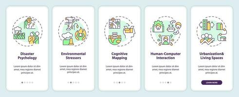 2D icons representing environmental psychology areas of study mobile app screen set. Walkthrough 5 steps multicolor graphic instructions with linear icons concept, UI, UX, GUI template. vector
