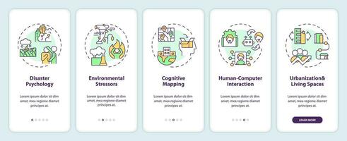 2D icons representing environmental psychology areas of study mobile app screen set. Walkthrough 5 steps multicolor graphic instructions with linear icons concept, UI, UX, GUI template. vector