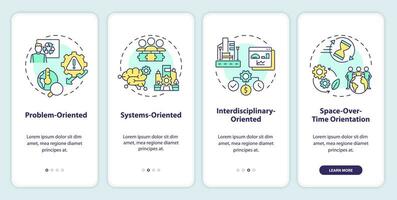 2D icons representing environmental psychology orientations mobile app screen set. Walkthrough 4 steps multicolor graphic instructions with linear icons concept, UI, UX, GUI template. vector