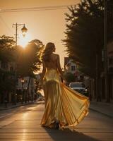 AI generated Beautiful young woman in a long yellow dress walking on the street at sunset. ai generative photo
