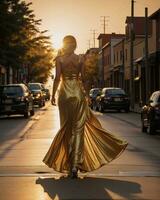 AI generated Beautiful young woman in a long yellow dress walking on the street at sunset. ai generative photo