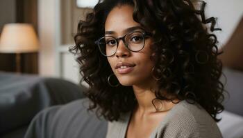 AI generated Portrait of a beautiful young african american woman in eyeglasses outdoors. ai generative photo