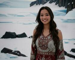 AI generated Portrait of a young woman smiling at camera in front of icebergs. ai generative photo