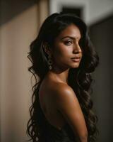 AI generated Beautiful petite Filipino woman in a black strapless dress. ai generative photo