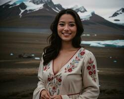 AI generated Portrait of a young woman smiling at camera in front of icebergs. ai generative photo