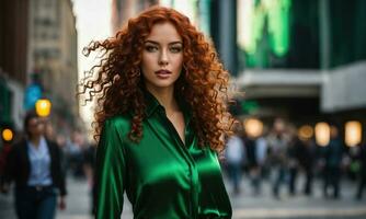 AI generated Beautiful young woman with red curly hair in a green dress in the city at night. ai generative photo
