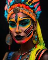 AI generated Portrait of a beautiful young woman with face art. Colorful make up. ai generative photo